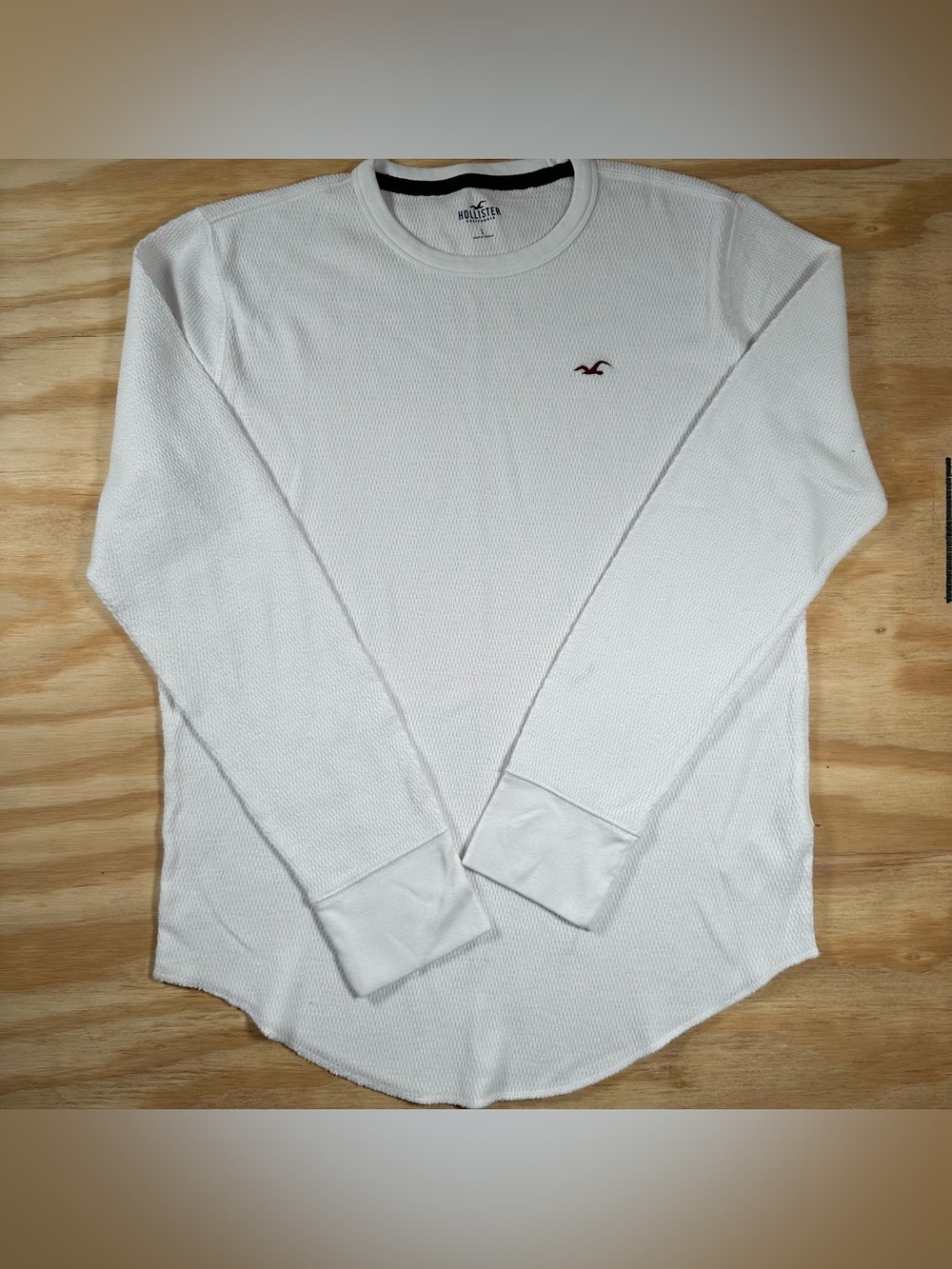 Hollister White Long-Sleeve Waffle Thermal Tee with Red Logo